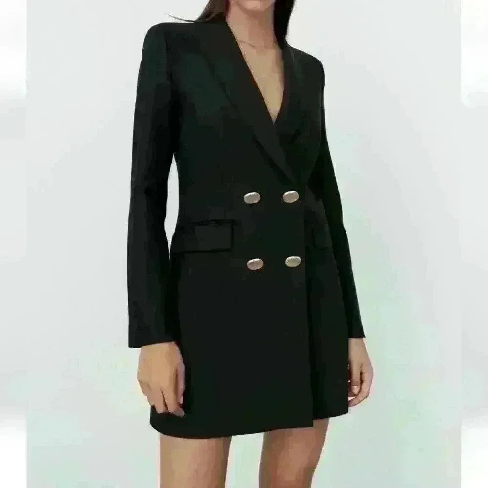 Zara black blazer dress with golden buttons double-breasted style size xs